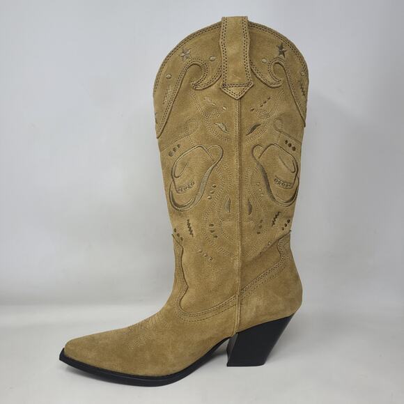 Zara Boots Women EU42 US11 Tan Suede Western Embroidered Cowgirl Rodeo Tall NEW - Picture 8 of 16